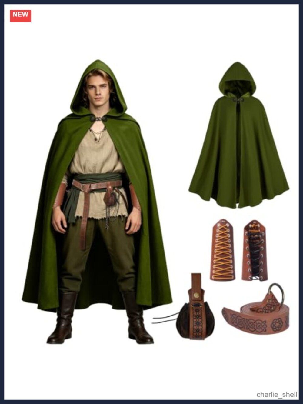 Medieval Hooded Cloak Renaissance Cape Unisex Viking Costume with Belt Bag Arm